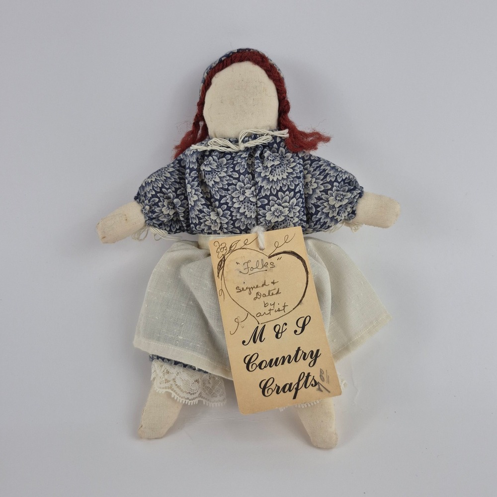 Vintage M & S Country Crafts Folks Cloth Rag Doll Signed Shirley Swaim 1988 Blue